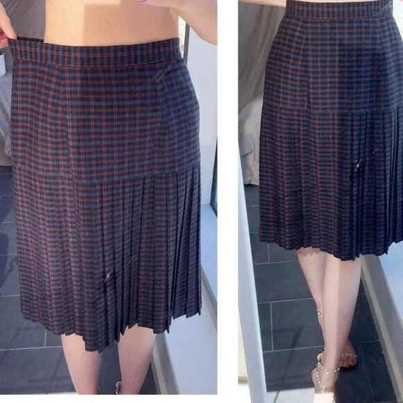 Navy Blue Wool Plaid Midi Skirt (29'') - Picture 2 of 7